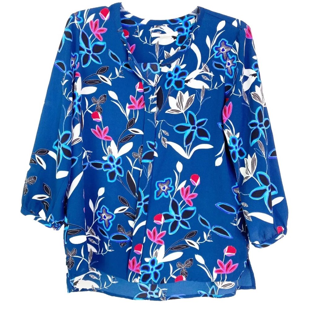 C&E Medium Blue Pink White Bold Floral Poly/Spandex Blouse V Neck 3/4 Sleeve EUC